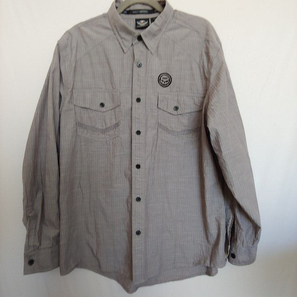 Harley Davidson mens button pinstripe grey shirt with skull graphic on back XL